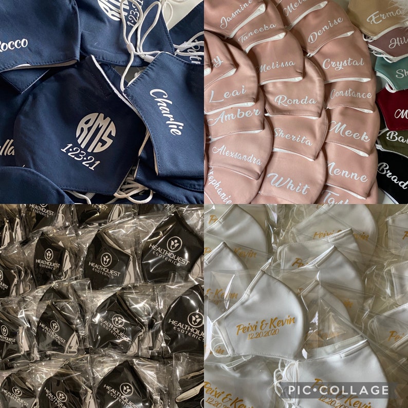 May include: A collage of three images showing different types of face masks. The first image shows a pile of navy blue face masks with white monograms and the date 1-23-21. The second image shows a pile of pink face masks with white names embroidered on them. The third image shows a pile of white face masks with gold lettering, including the names "Peixi & Kevin" and the date "12.20.2020".