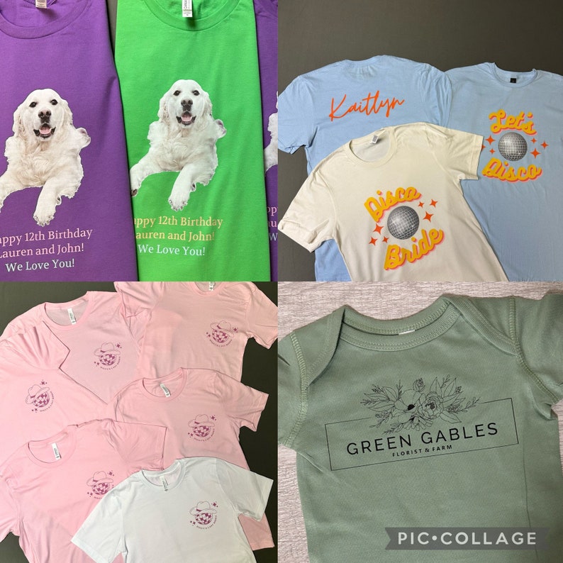 May include: Assortment of t-shirts in various colors, including purple, green, light blue, and pink. Designs include a golden retriever, the text "Kaitlyn", a disco ball, and a floral logo. A green baby onesie is also present.