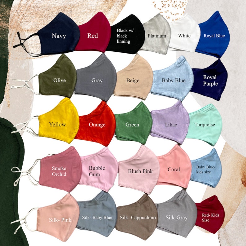 May include: A variety of colors and styles of face masks, including navy, red, black, platinum, white, royal blue, olive, gray, beige, baby blue, royal purple, yellow, orange, green, lilac, turquoise, smoke orchid, bubble gum, blush pink, coral, baby blue kids size, silk pink, silk baby blue, silk cappuccino, silk gray, and red kids size.