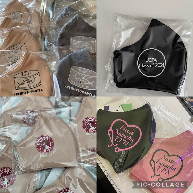 May include: A collection of fabric face masks with various designs. Some masks feature a can of tuna with the text "#REDDYTOPARTEA", others have a coffee cup logo with the text "PHINWAY CAFE SINCE 2020", and one mask has the text "UCPA Class of 2021".  Another mask has a pink stethoscope and the text "Nurse Natasha LPN".