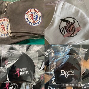 May include: A collage of images featuring various face masks with different designs. The masks are made of fabric and have different logos printed on them. The logos include "Patriot Performers", "Naited", and "Doctor Electric". The masks are packaged in clear plastic bags.