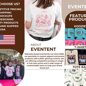 May include: Promotional products and apparel are featured in this image. The image includes koozies, t-shirts, and tote bags. The text reads "Why Choose Us?" and "Eventent" with the tagline "Shopping Simplified."