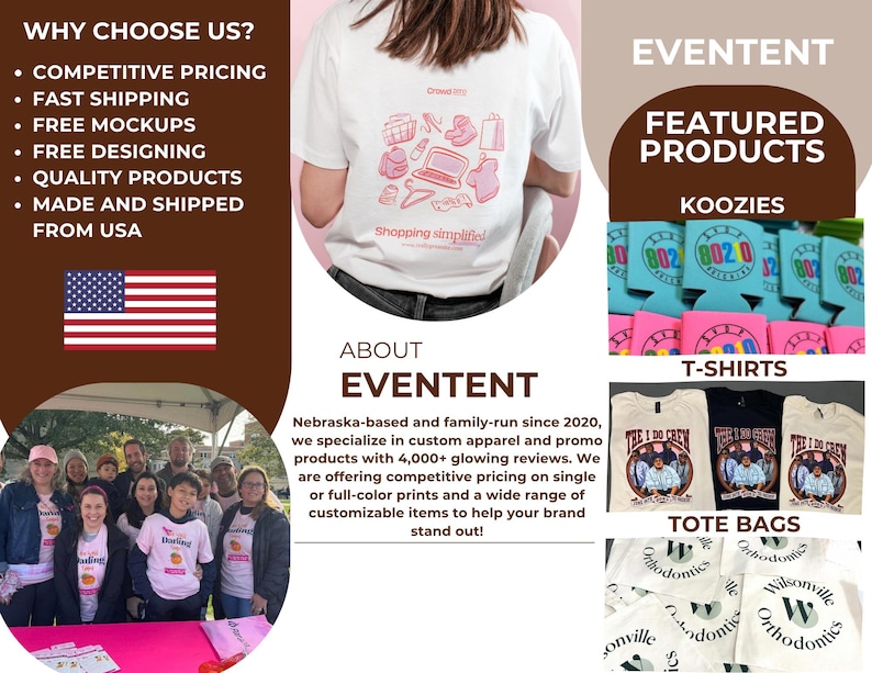 May include: Promotional products and apparel are featured in this image. The image includes koozies, t-shirts, and tote bags. The text reads "Why Choose Us?" and "Eventent" with the tagline "Shopping Simplified."