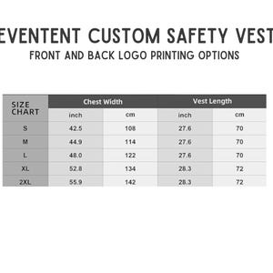 Op de afbeelding: Een maattabel voor een Eventent veiligheidsvest met opties voor logo-bedrukking op de voor- en achterkant. De tabel toont maten van S tot 2XL, met borstbreedte en vestlengte in zowel inches als centimeters voor elke maatcategorie.