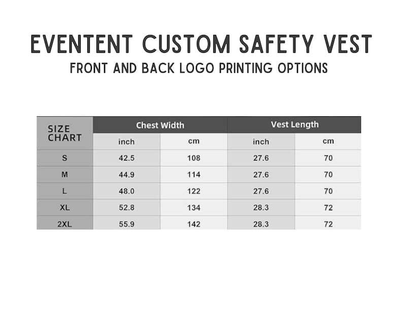 Op de afbeelding: Een maattabel voor een Eventent veiligheidsvest met opties voor logo-bedrukking op de voor- en achterkant. De tabel toont maten van S tot 2XL, met borstbreedte en vestlengte in zowel inches als centimeters voor elke maatcategorie.