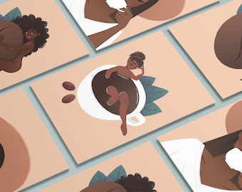 Coffee Girls - Postcard Series / Art Print, Gift,Illustration A6 - Beno Meli / Black Girl / womenAfrican American Latina Christmas present