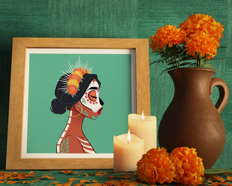 Dia de los muertos portrait / Mexico / Poster / Artprint / Illustration / Sugarskull / Woman / American Latina / Giftl Art / Christmas Gift image 2