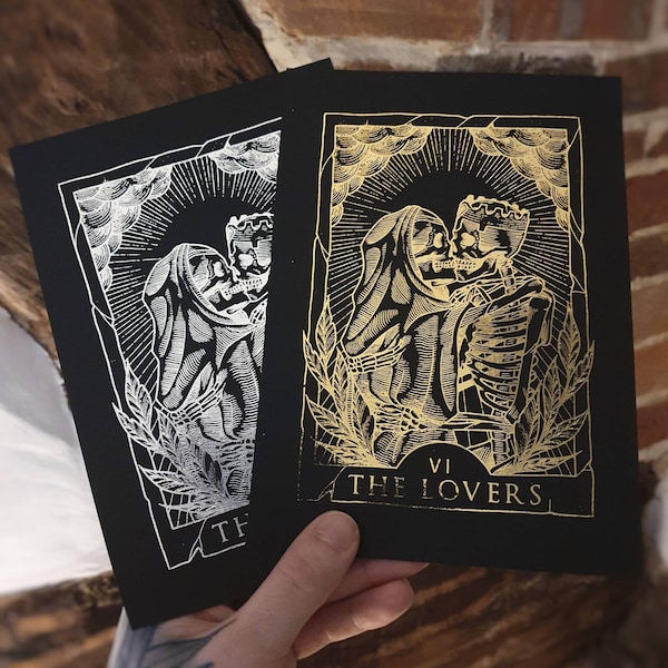 The Lovers Tarot - Black - Gold or Silver Foil Print