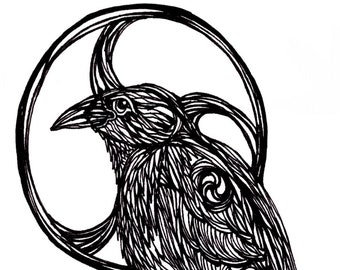 Raven & Triskelion ~ Pen and Ink Artistic Print by T. Whitley Raven Triskele Celtic Pagan Art Print Wicca Triskele Triple Spiral Triskelion