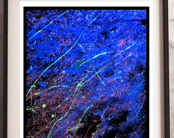 Electric Blue Splatter Abstract ~ Abstract Art Artistic Print by T. Whitley Neon Splatter Original Art Print of Abstract Art Neon Blue Black
