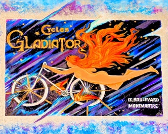 Gladiator Bicycle Ad Inspired Art ~ Art Nouveau Style Artistic Print by T. Whitley Naked Female Wall Poster Retro Based on Vintage Ad design