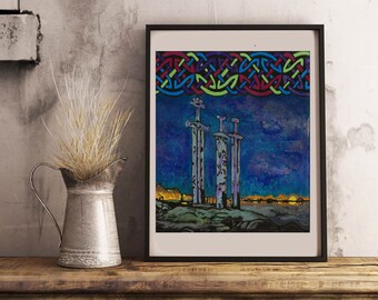 Viking Swords Monument - Stravanger, Norway Art Print by T. Whitley - Norse Art Viking Runes Knotwork Swords Pagan Norwegian Asatru Fantasy