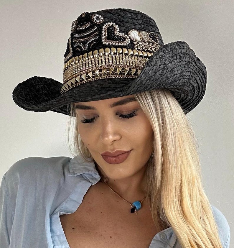 Decorative Black Cowboy Hat ANDREA Embellished Cowgirl Hat With Jewels ...