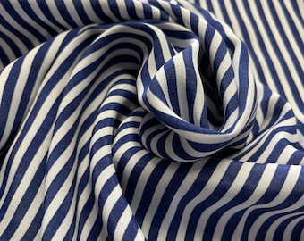 Viscose Fabric by the Yard (Half a Meter) - Pure, Summer, White & Blue Stripes, Lightweight, Clearance Sale