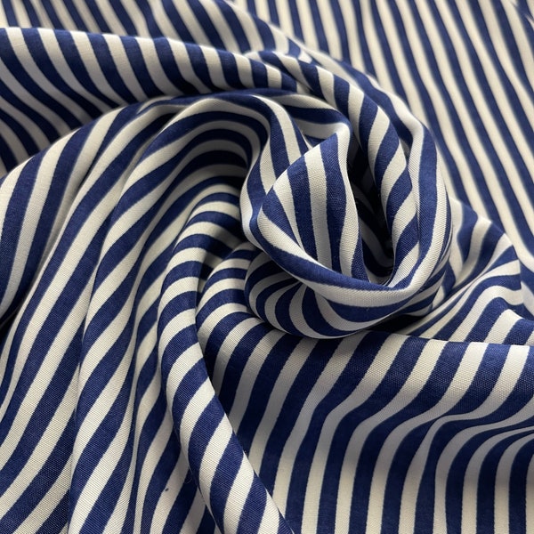 Viscose Fabric by the Yard (Half a Meter) - Pure, Summer, White & Blue Stripes, Lightweight, Clearance Sale