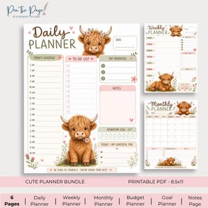 Op de afbeelding: Een printbare plannerbundel met een dag-, week- en maandplanner, voorzien van illustraties van Highland-koeien, bloemaccenten en zachte roze en groene kleurenschema's. De pagina's bevatten secties voor planningen, to-do lijsten en notities.
