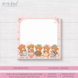 May include: A square memo pad featuring a scalloped pink border and a central white writing area. The bottom section displays five cartoon highland cows baking with bowls, a cake, cookies, and cupcakes. The text reads Pen the Page.