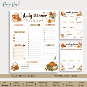 Op de afbeelding: Een herfst-thema dag-, week- en maandplanner set met illustraties van pompoenen, mokken en bladeren. De dagplanner bevat secties voor topprioriteiten, een planning, dankbaarheid en notities, alles in een warme, seizoensgebonden stijl.