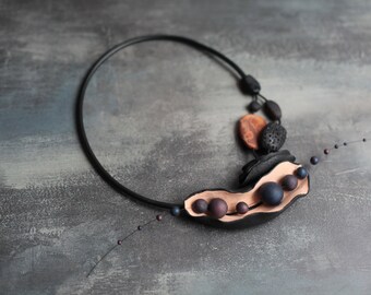 Casual necklace Black and Brown Necklace for Women Natural motifs Made of polymer clay An unusual necklace.