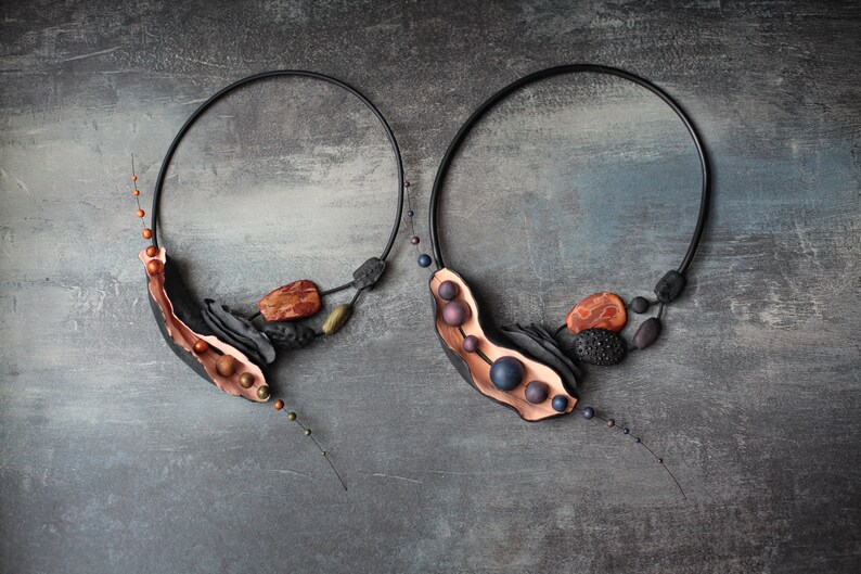 Casual necklace Black and Brown Necklace for Women Natural motifs Made of polymer clay An unusual necklace.
