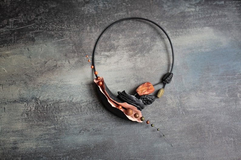 Casual necklace Black and Brown Necklace for Women Natural motifs Made of polymer clay An unusual necklace.