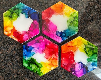 Coasters - Hand Painted - Set of 4 - Colorful - Acrylic - Alcohol Ink