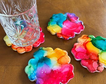 Coasters - Hand Painted - Set of 4 - Colorful Flowers - Acrylic - Alcohol Ink