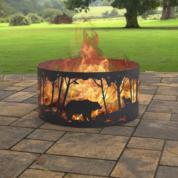 Fire Pit Ring Nature Scene, Digital product, files DXF SVG for cnc, Plasma, Laser. FirePit Metal Art, Metal Decoration, Forest, Bear