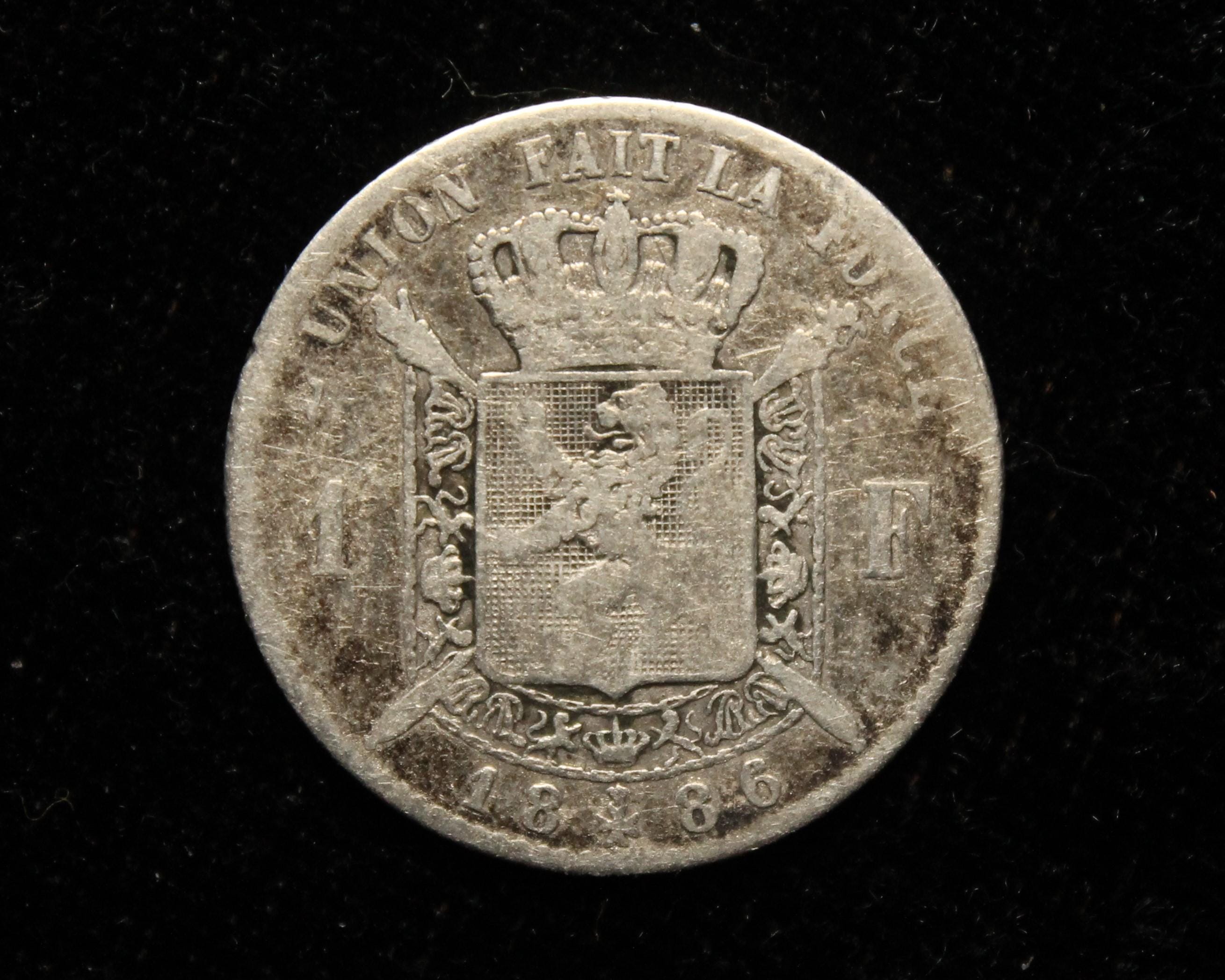 ベルギー 1886年 1フラン レオポルド2世 フランス語表記 0.835 銀貨 I