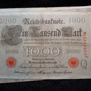 Deutschland 1000 Mark Große Deutsche Banknote Datiert 1910 Reichsbanknote 7-Stellige Seriennummer Antikes Papiergeld