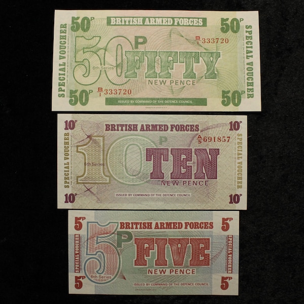 Set Of 3 British Armed Forces 6th Series Special Vouchers Fifty Pence Ten Pence Five Pence Uncirculated Vintage 1972 Paper Note
