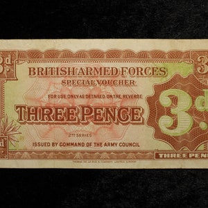 Buono speciale da tre pence delle forze armate britanniche 3d 1948 2a serie con striscia di metallo Nota di carta vintage