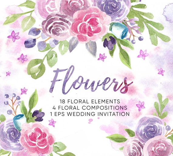 Purple Flower Clipart Watercolor Pink Flower Wedding Floral Etsy