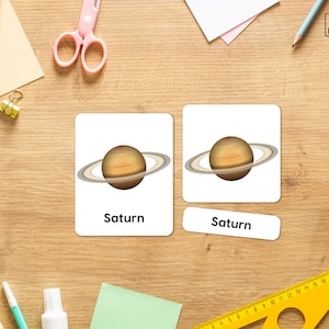 Tarjetas Montessori de 3 partes del SISTEMA SOLAR: Tarjetas flash multilingües con fotos realistas, póster y juego de memoria