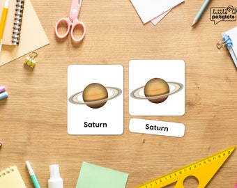 SOLAR SYSTEM Montessori 3-Part Cards: Multilingual Flash Cards with Realistic Photos, Poster and Memory Game