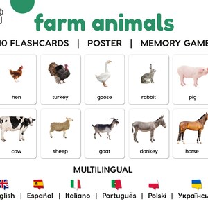 ANIMAIS DE QUINTA (fotos realísticas) • 10 Cartões Montessori multilíngues • Cartões de 3 partes imprimíveis • Poster e jogo da memória