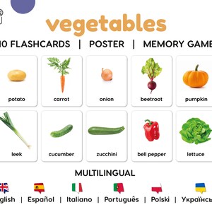 VEGETAIS (fotos realísticas) • 10 Cartões Montessori multilíngues • Cartões de 3 partes imprimíveis • Poster e jogo da memória