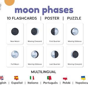 FASES DA LUA Cartões Montessori de 3 Partes: Flash Cards Multilíngues com Fotos Realistas, Poster e Puzzle