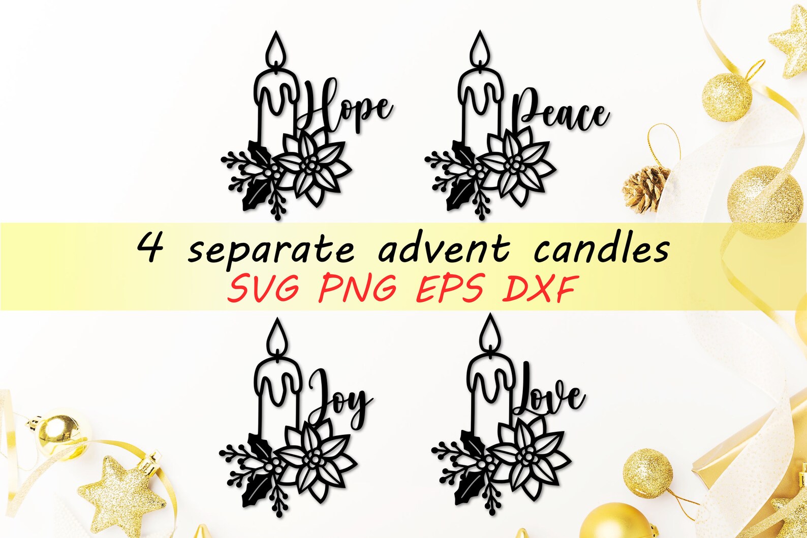 Hope Peace Joy Love Advent Candle Svg Bundle, Christmas Candlestick Svg