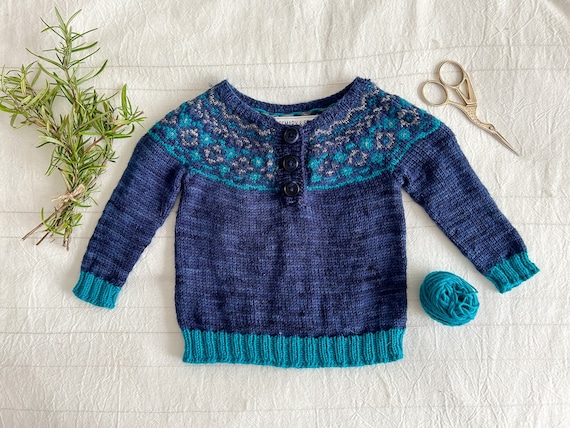Hand Knit Fair Isle Baby Pullover Henley Sweater (size 0-6 Months 