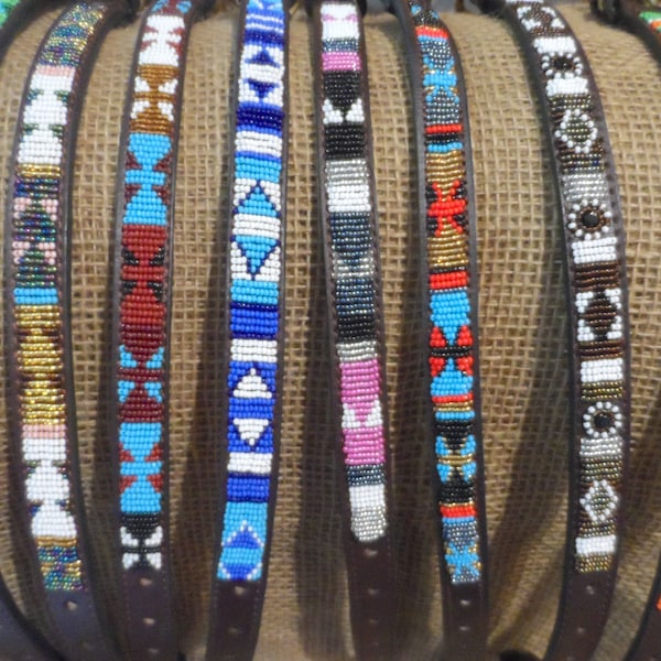 Leather beaded dog collars, 12 -16"  Kenyan