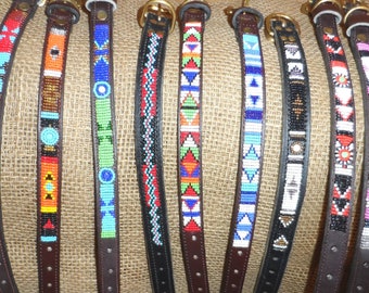 Leather beaded dog collar 10"-13" Kenyan