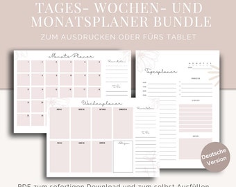Op de afbeelding: Een printbare plannerbundel met een bloemenontwerp. De bundel bevat een maandelijkse, wekelijkse en dagelijkse planner. De tekst op de afbeelding luidt "Tages-Wochen- und Monatsplaner Bundle Zum Ausdrucken oder fürs Tablet Deutsche Version".