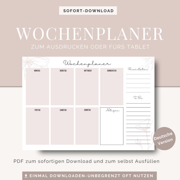 Weekly planner, digital download for printing/tablet, minimalist weekly plan, week at a glance, office planner, German