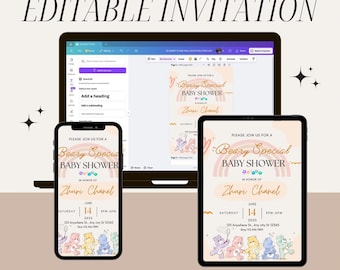 Editable Care Bear Baby Shower Invitation | Beary Special Baby Shower | Canva Party Invitation | Digital Download