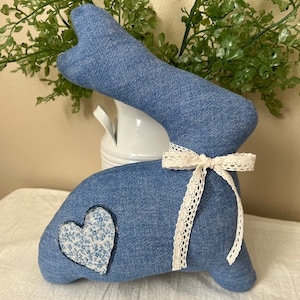 10&quot; Denim  Bunny, Farmhouse Bunny, Fabric Bunny, Cottage Easter Bunny, Handmade Bunny, Shabby Chic Bunny, Mantle Bunny, Bunny Shelf Sitter