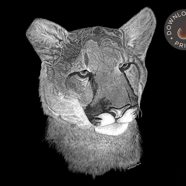 Cougar Portrait, Printable Wall Art, Black and White, DIGITAL DOWNLOAD. Beautiful for any decor.