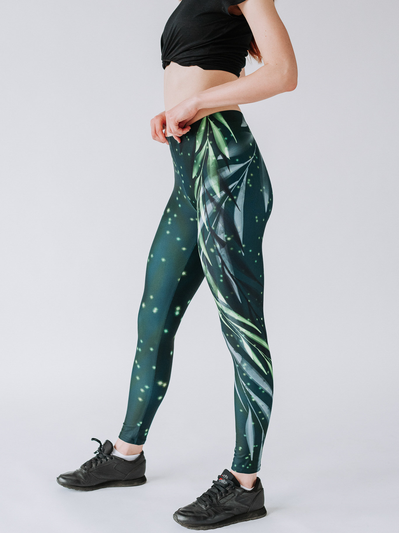 Dark Green Sparkling Leaves Leggings Etsy