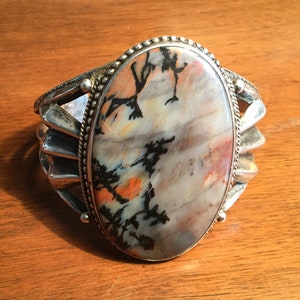 Navajo Silver Bracelet Impressive Large Moss Agate Sterling Cuff