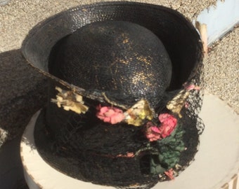 Vintage Straw Hat with Netting Silk Flowers Vintage Clothing